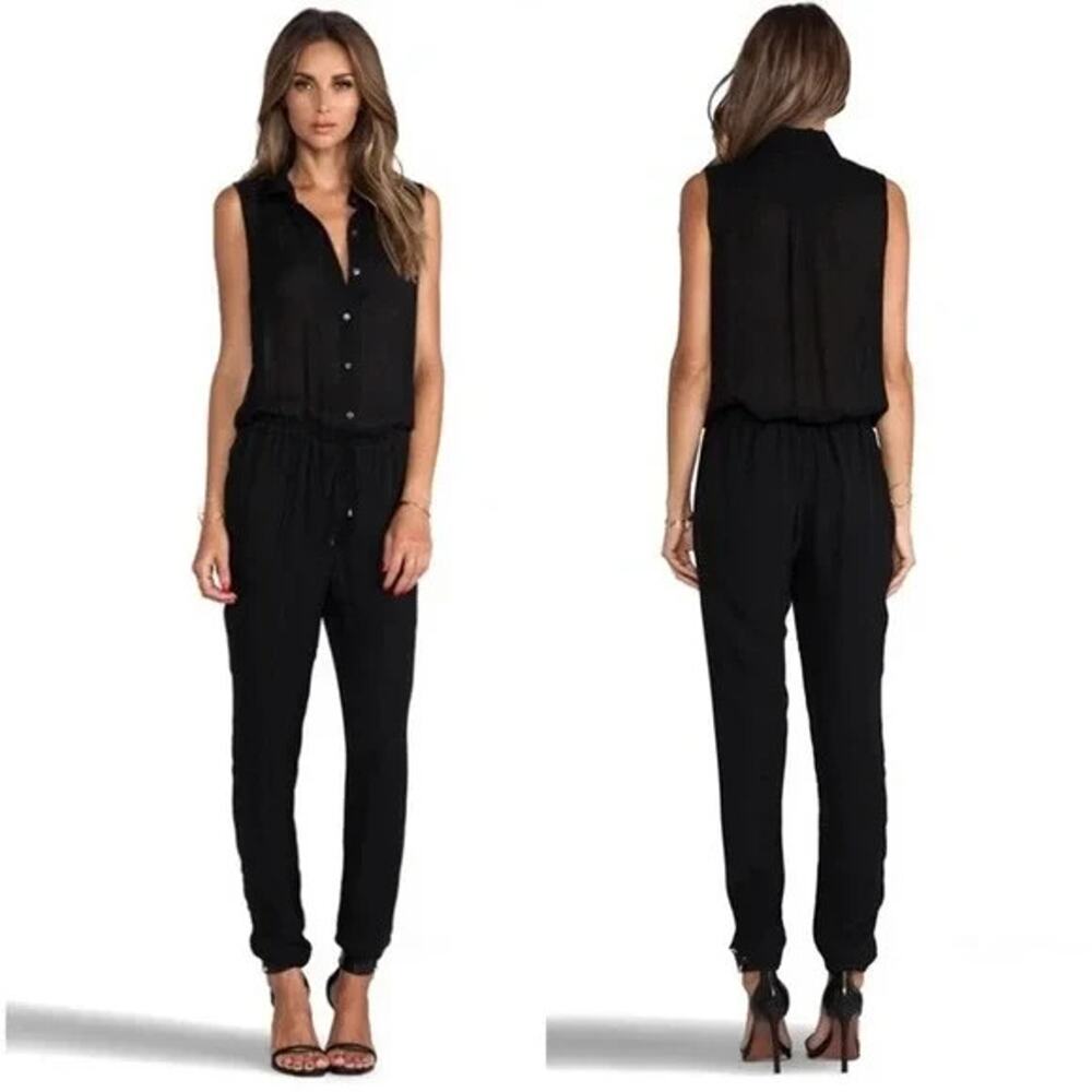 Haute Hippie Jumpsuit 100% Silk Collared Button Down Black Muscle sz M